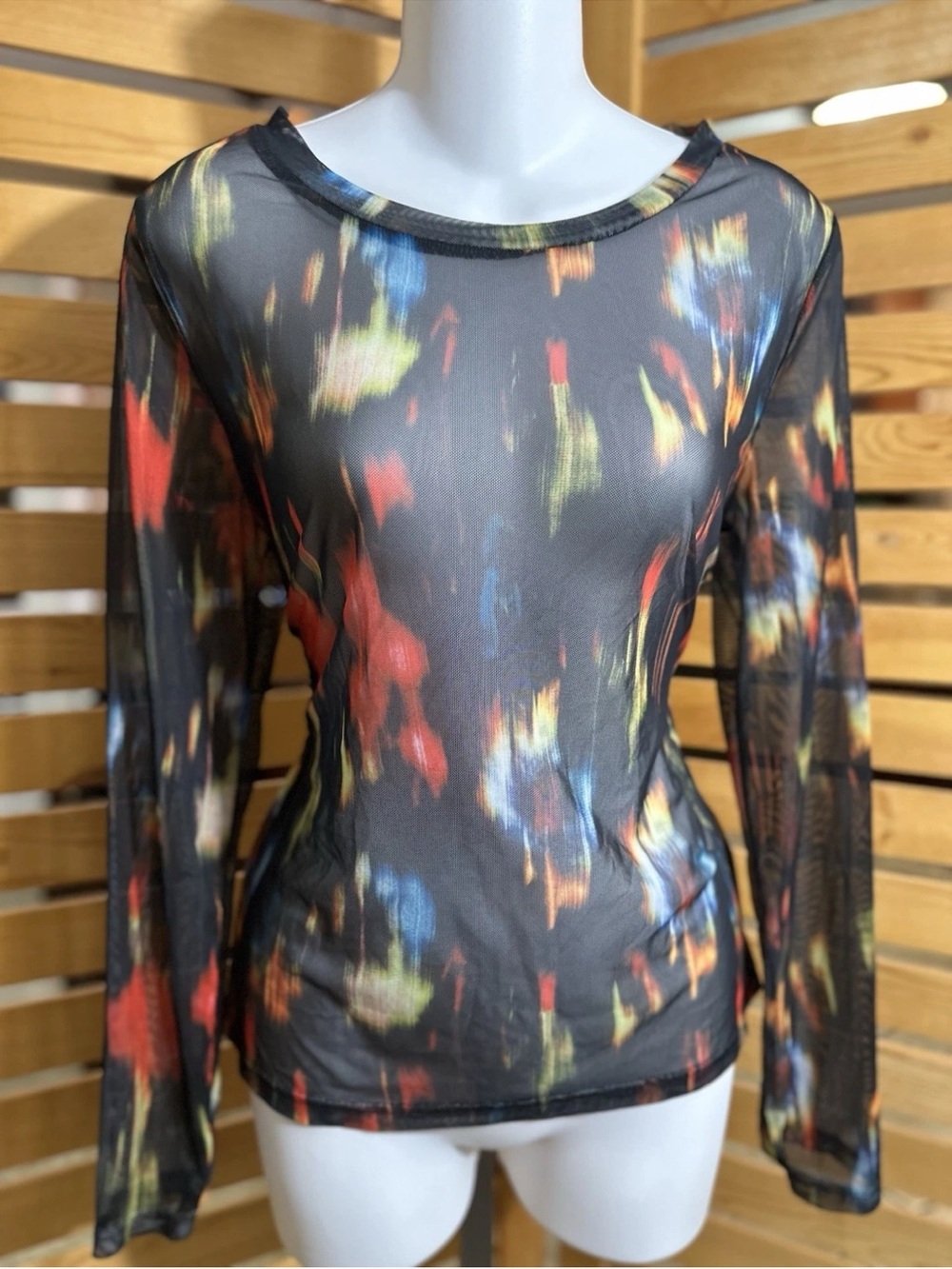Grace Karin Black Sheer Long-Sleeve Top with Multicolor Abstract Print